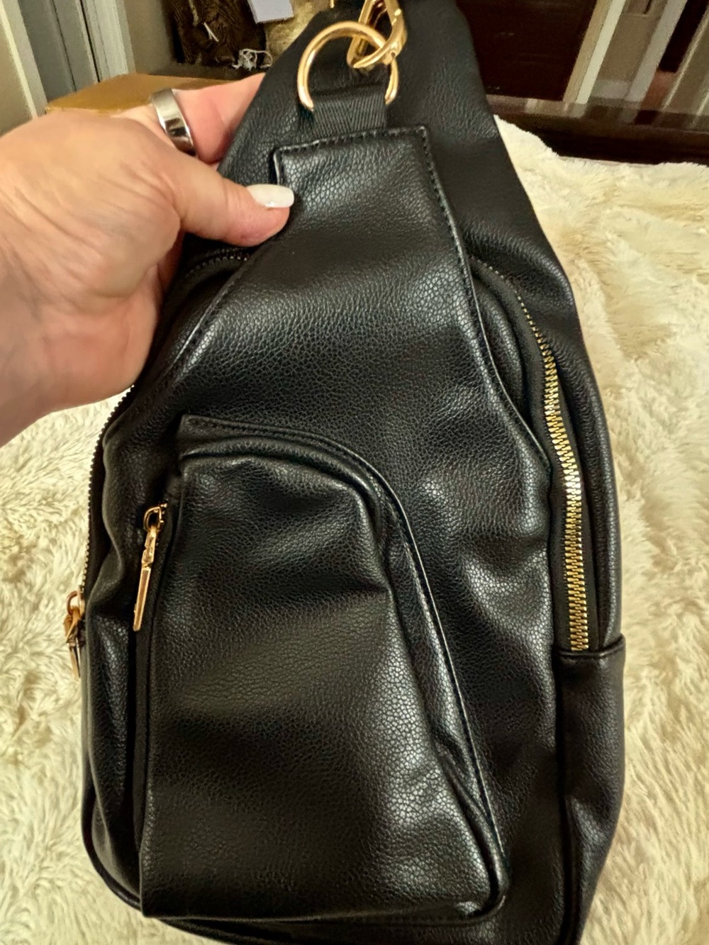 Sleek Black (real) Leather Sling Bag - Minimal Crossbody purse